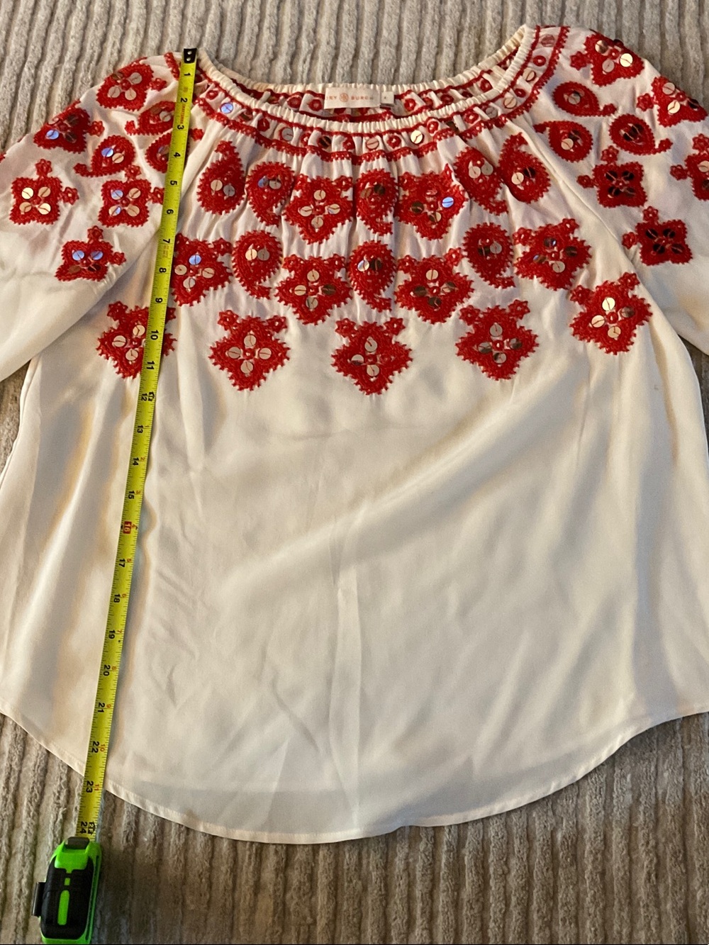 Tory Burch Leila ivory Tunic with red Embroidered Yoke with silver Sequen detail